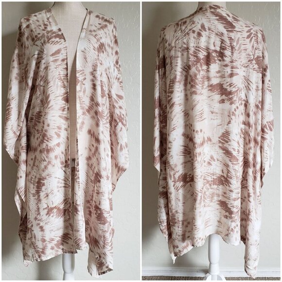 Japna Tie Dye Print Open Front Kimono Cover Up Cream/Brown One Size Boho Hippie - Picture 1 of 10